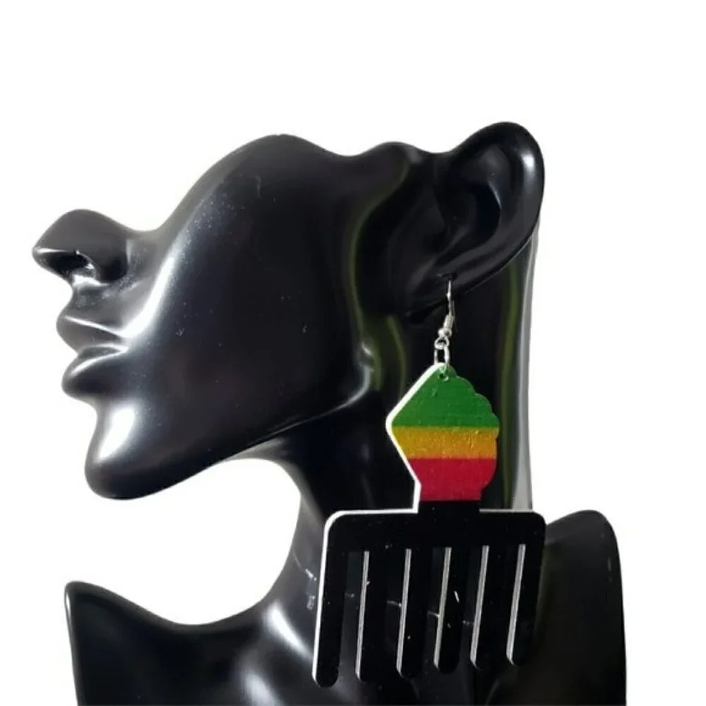 Womens Multicolor Wooden Afro Pick African American Retro French Hook Earrings